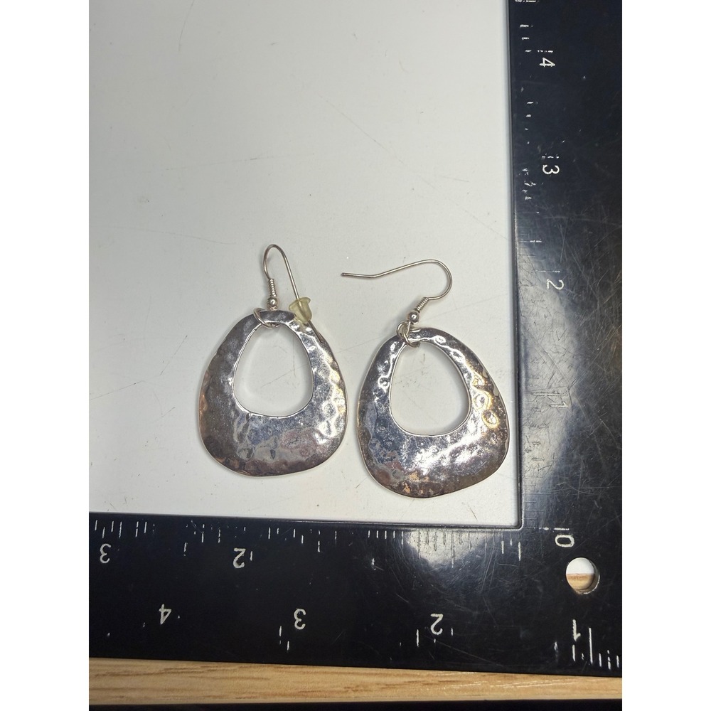 Hammered Silver Tone Teardrop Open Hoop Drop Earrings Fishhook